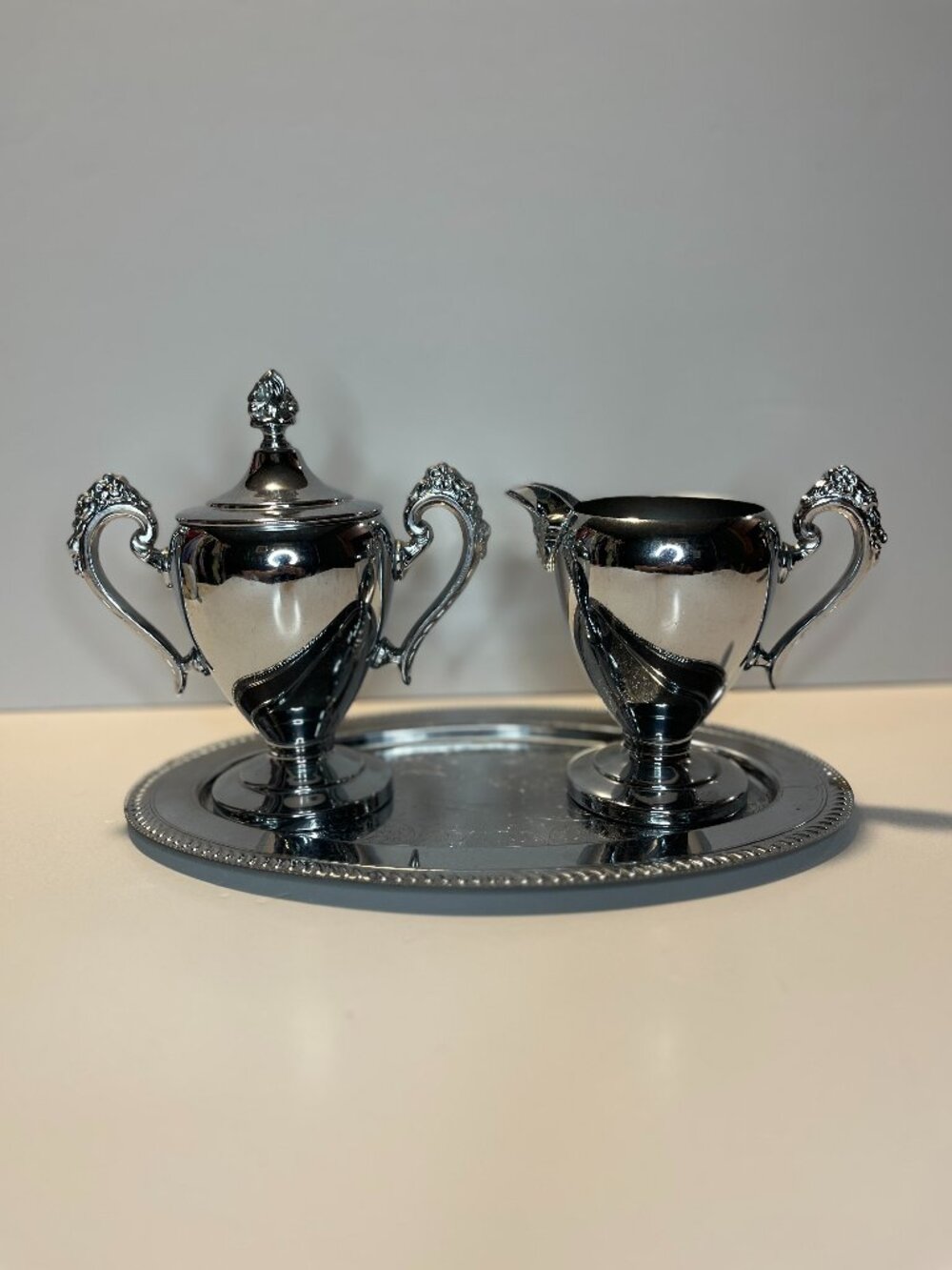 Cromwell Chromium Silver-Plated Creamer & Sugar with Tray Set Mirror Finish Vtg